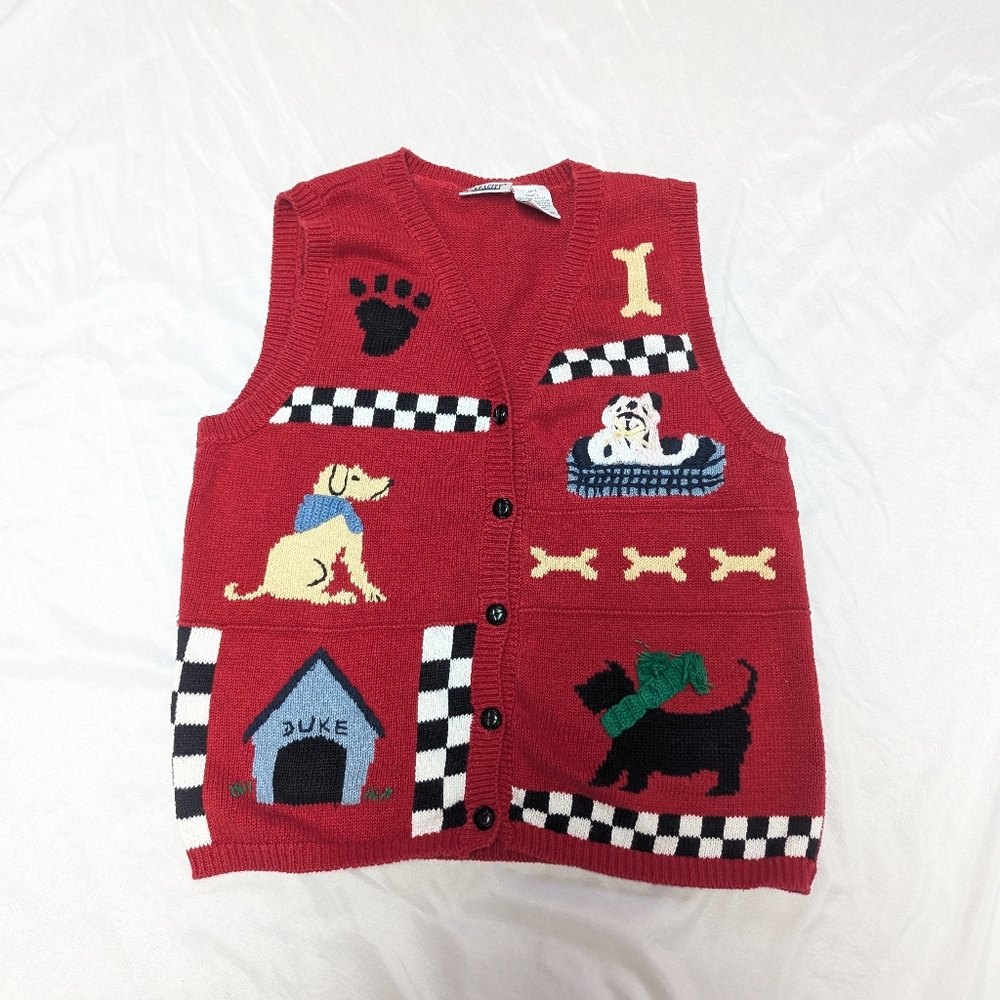 Vintage Puppy Dog V-Neck Button Front Vest Winter Scotty Lab Shih Tzu Large SEE